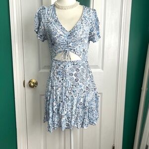 Blue & White Floral Cutout Mini Dress